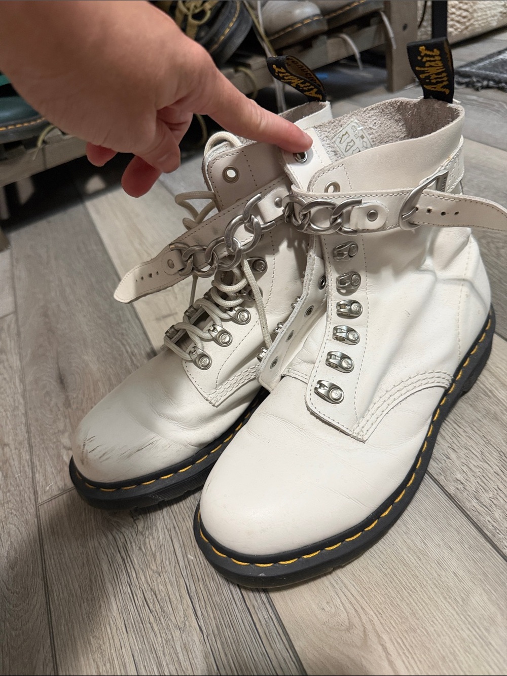 Dr. Martens White Leather Lace-Up Combat Boots with Chain Strap